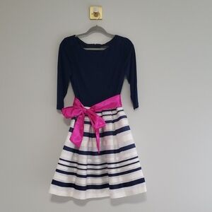 Jessica Howard Dress 8 Navy Blue White Stripe Pink Ribbon Bow Fit & Flare Pleats
